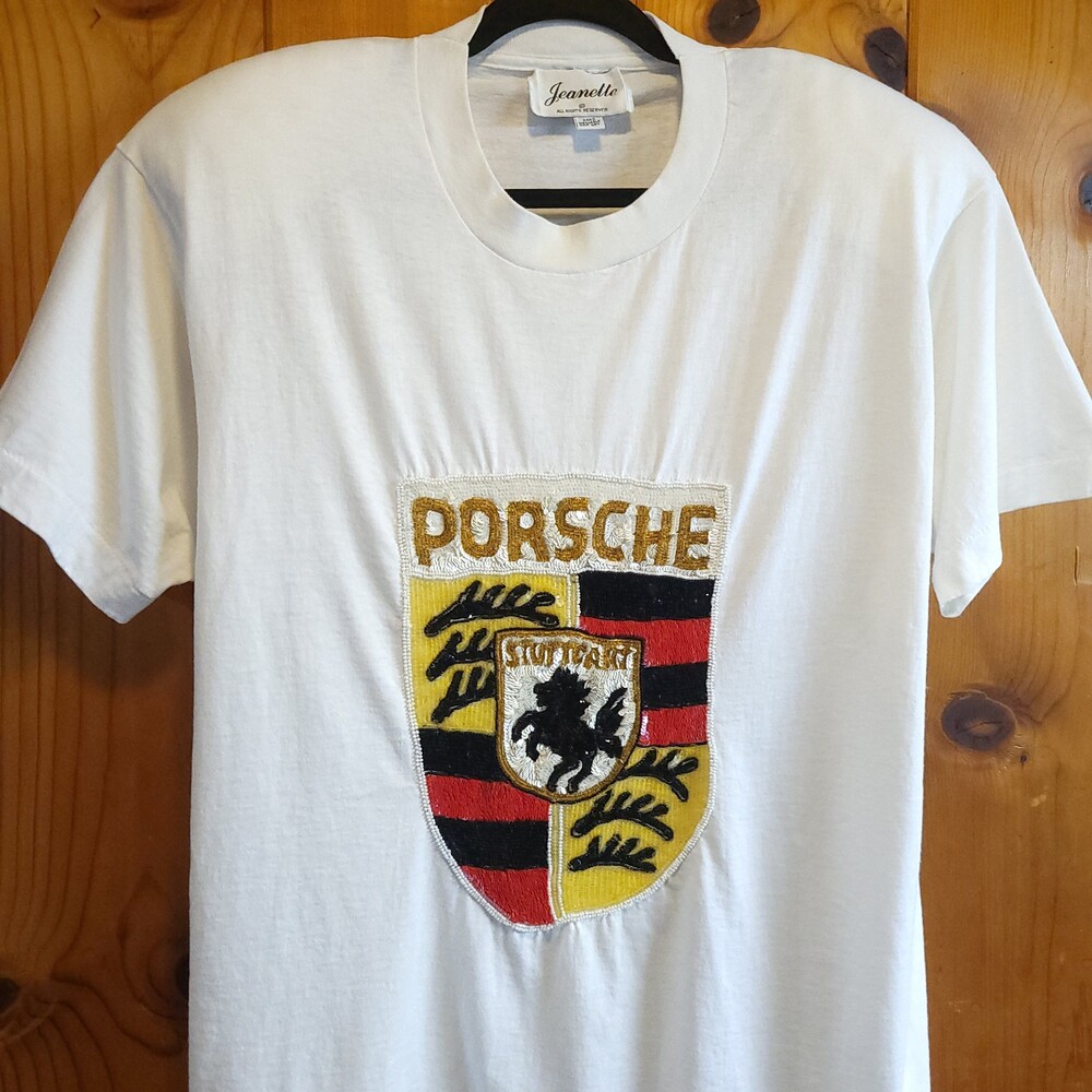 Vintage 80s 90s Jeanette Porsche Crest T-Shirt Medium White Cotton Short Sleeve